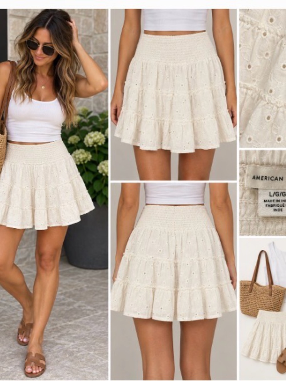 American Eagle Outfitters Cream Eyelet Tiered Skater Mini Skirt